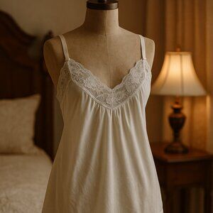 Vintage White Lace Camisole Top – Made in USA – Satin Feel – Small